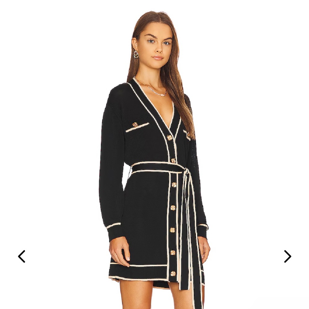 Lovers + Friends Black and Cream Belted V-Neck Knit Dress